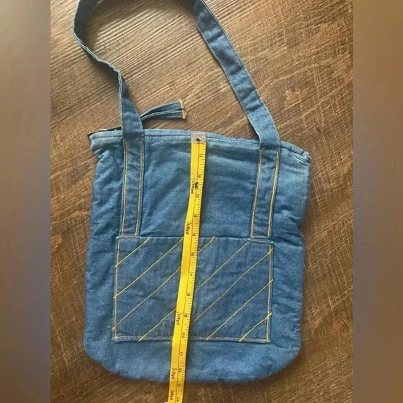 denim shoulder bag, jean tote bag artisan 70s style purse gold stitching boho - Picture 16 of 16